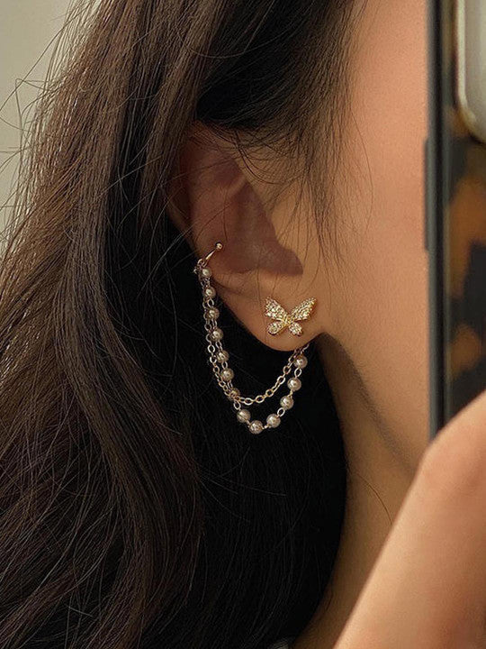 Korean Pearl Chain Ear Chain Butterfly Stud