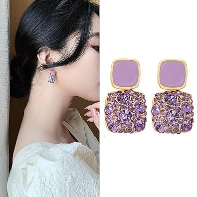 Korean Style Purple Square Crystal Earrings