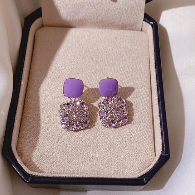 Korean Style Purple Square Crystal Earrings