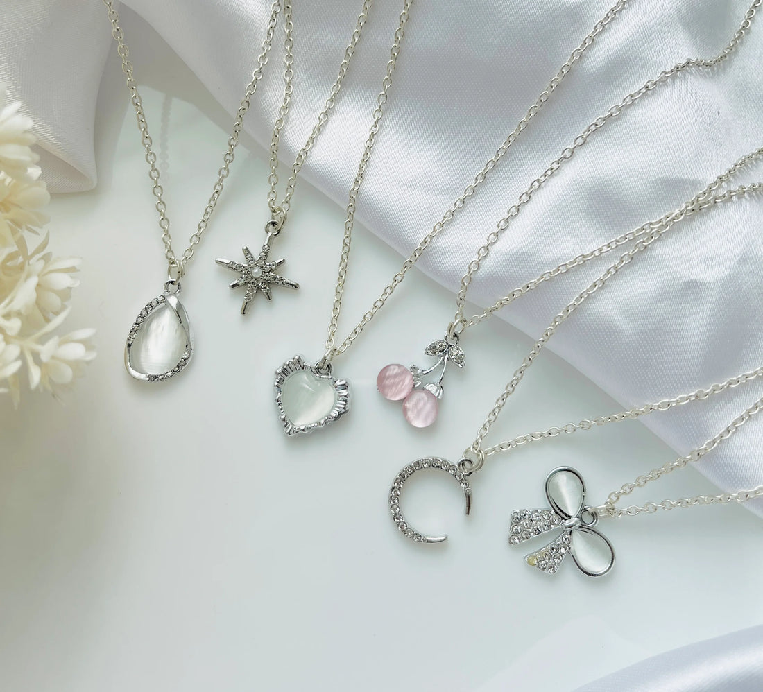 Pack of 6 Classy Trendy Aesthetic Silver Heart Charm Pendant Necklace