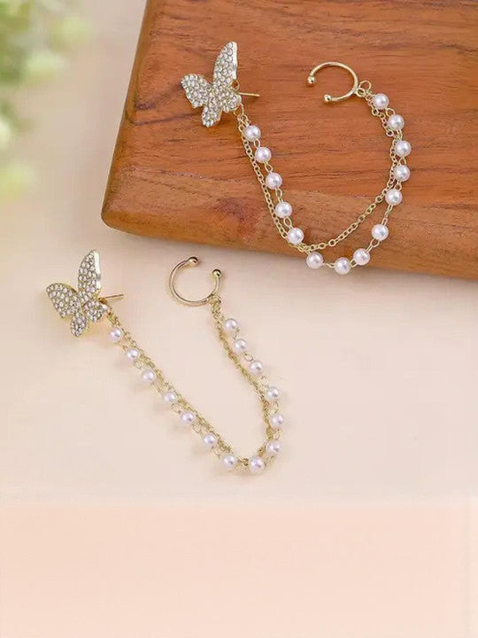 Korean Pearl Chain Ear Chain Butterfly Stud