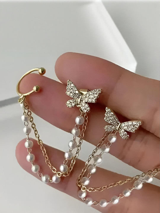 Korean Pearl Chain Ear Chain Butterfly Stud