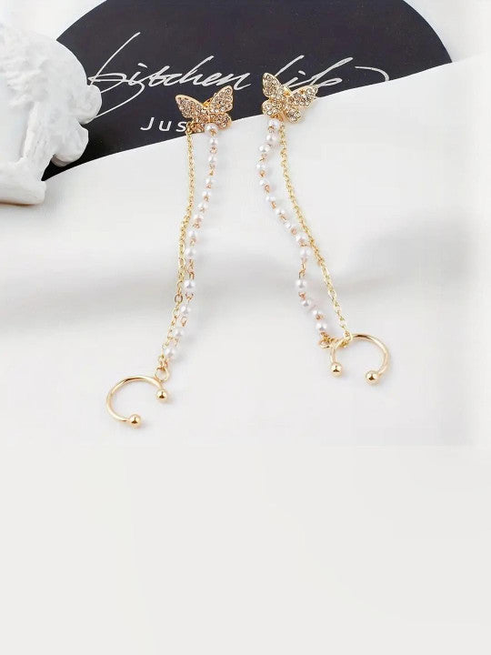 Korean Pearl Chain Ear Chain Butterfly Stud