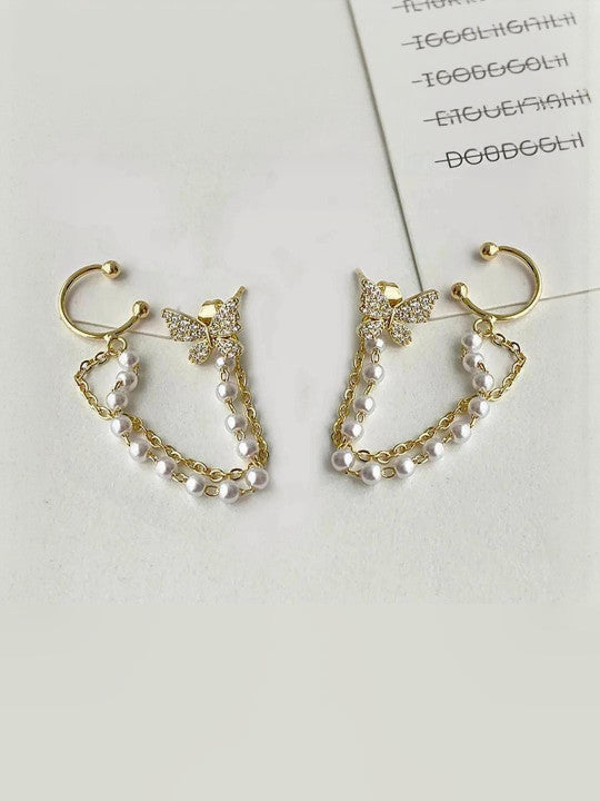 Korean Pearl Chain Ear Chain Butterfly Stud