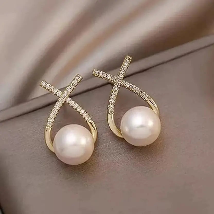 Cross Geometric Diamond Studded Pearl Earrings