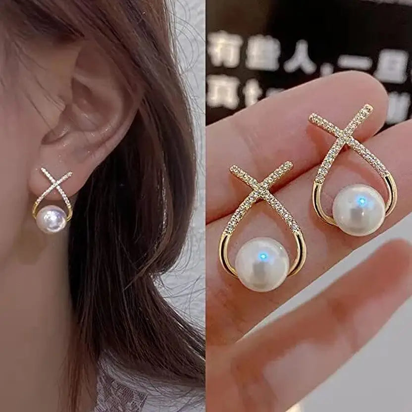 Cross Geometric Diamond Studded Pearl Earrings