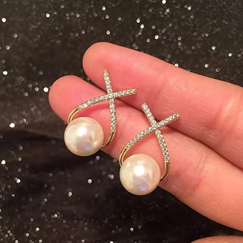 Cross Geometric Diamond Studded Pearl Earrings