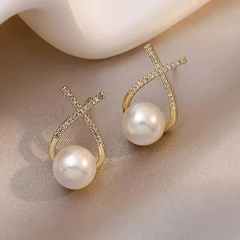 Cross Geometric Diamond Studded Pearl Earrings