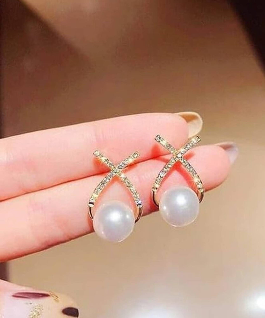 Cross Geometric Diamond Studded Pearl Earrings